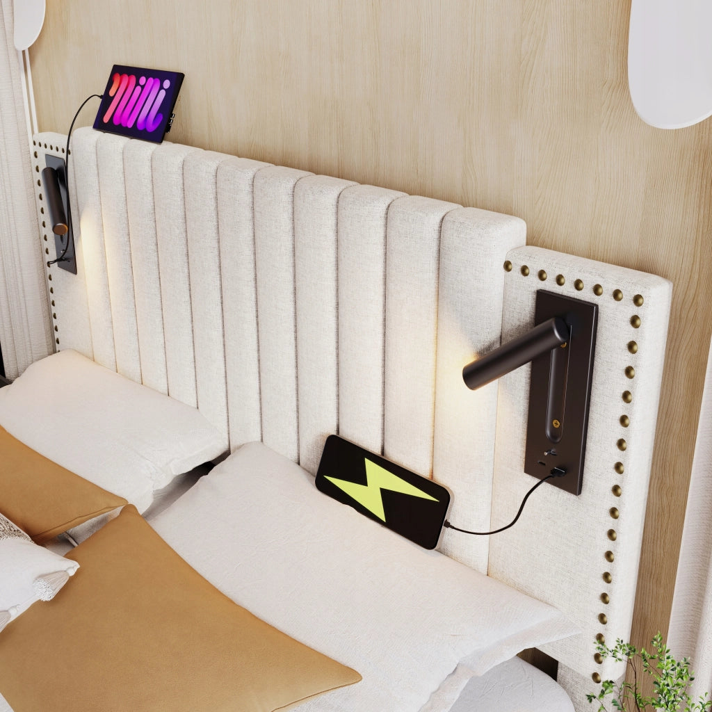Letto imbottito con contenitore e luce - Xylo - 180x200 - Beige