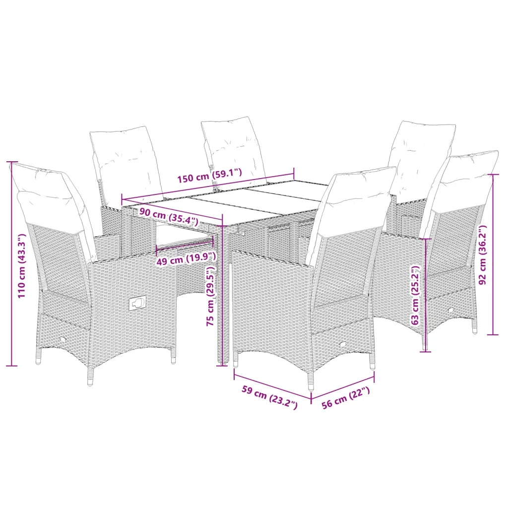 Set da Pranzo da Giardino 7 pz con Cuscini Beige in Polyrattan