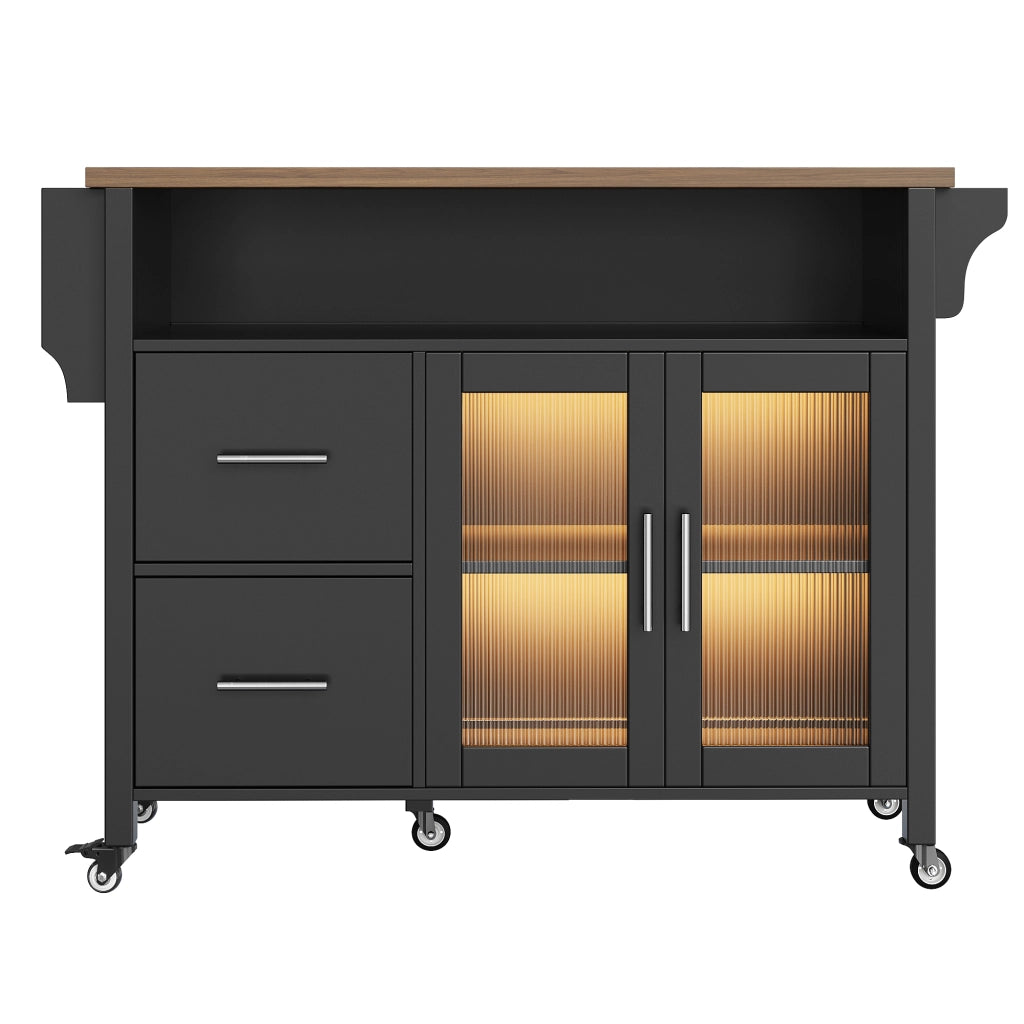 Isola Cucina con Vetrina LED e Ruote ¨C MINIMAL ¨C Nero, Legno