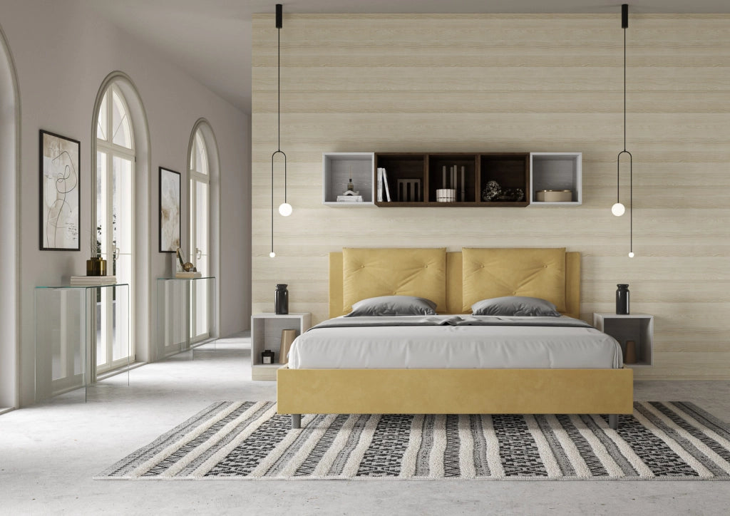 BS COM Letto matrimoniale king size contenitore imbottito 200x210 microfibra ocra