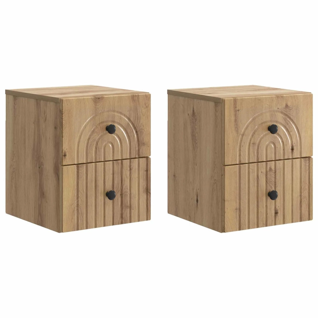 Set di 2 Comodini | Armadio da Notte | Mobiletto da notte a muro con cassetto Rovere Artigianale