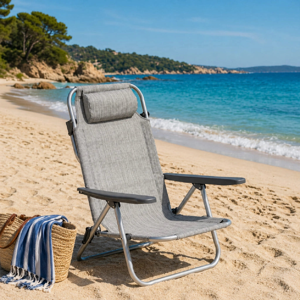 Spiaggina Reclinabile Da Mare E Campeggio Con Poggiatesta Imbottito Sedia Pieghevole In Alluminio E Textilene Traspirante Trasformabile In Lettino 48.5 x 60 x 80 Cm Grigio