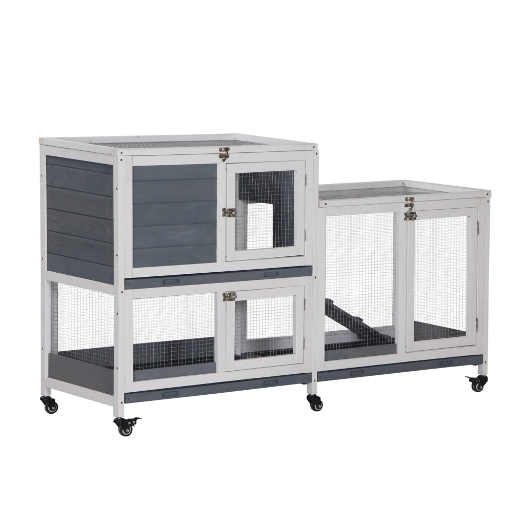 Gabbia per Conigli a 2 Livelli in Legno con Ruote ¨C Minimal ¨C 147x45,5x88,5 cm Grigio