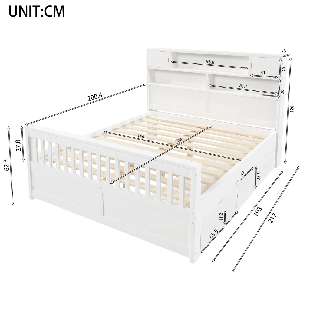 Letto a piattaforma con ripiani e cassetti - Zephmum- 160x200 cm, LED, USB, bianco