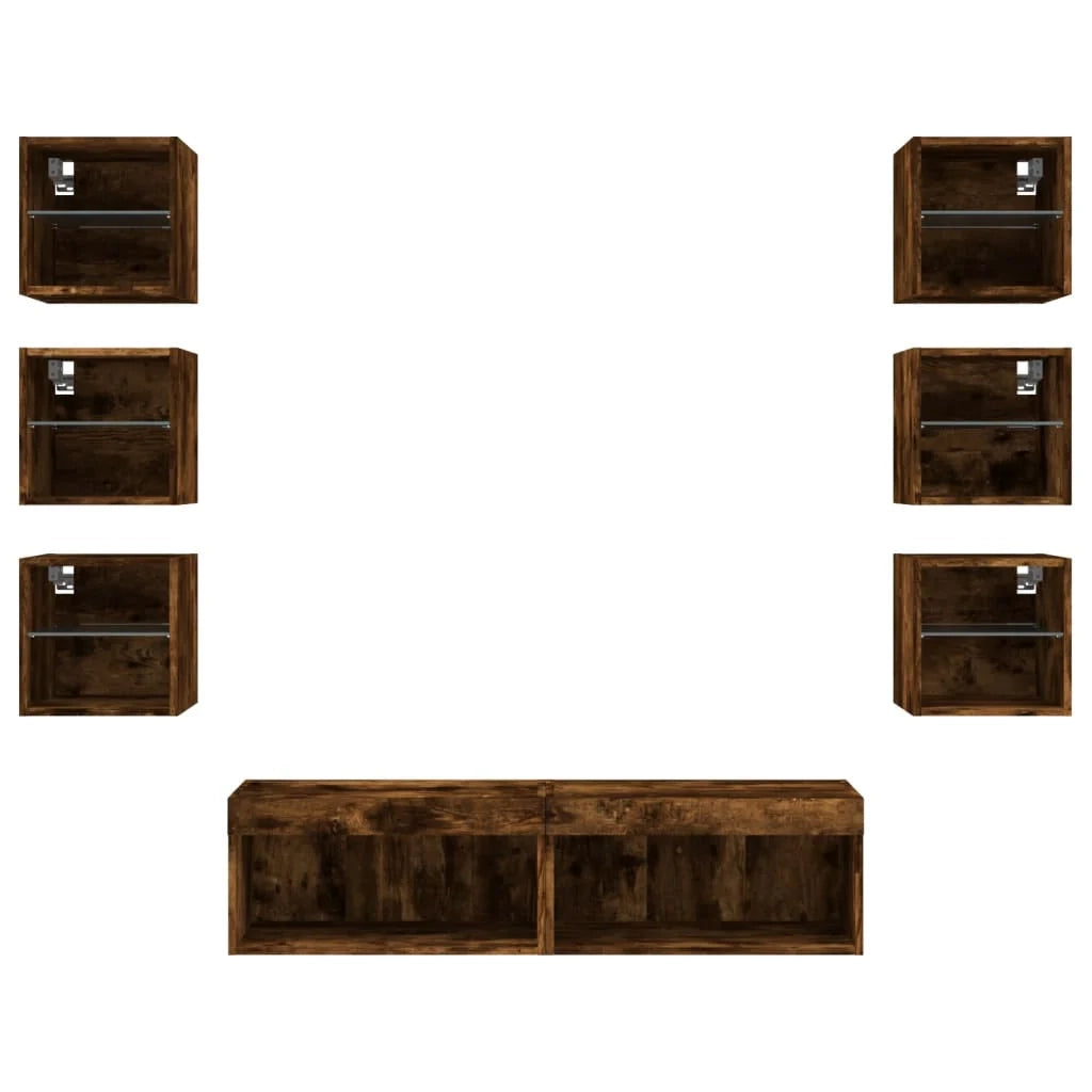 Mobile TV multimediale scaffale TV credenza mobile TV sala da pranzo soggiorno camera da letto con illuminazione a LED 8 pezzi rovere affumicato legno ingegnerizzato marrone 02_0029479