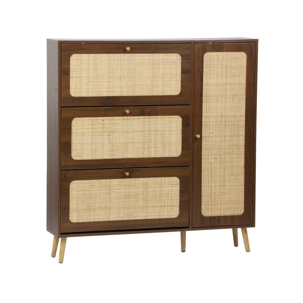 Scarpiera con decoro in legno e canna, 3 ante, noce