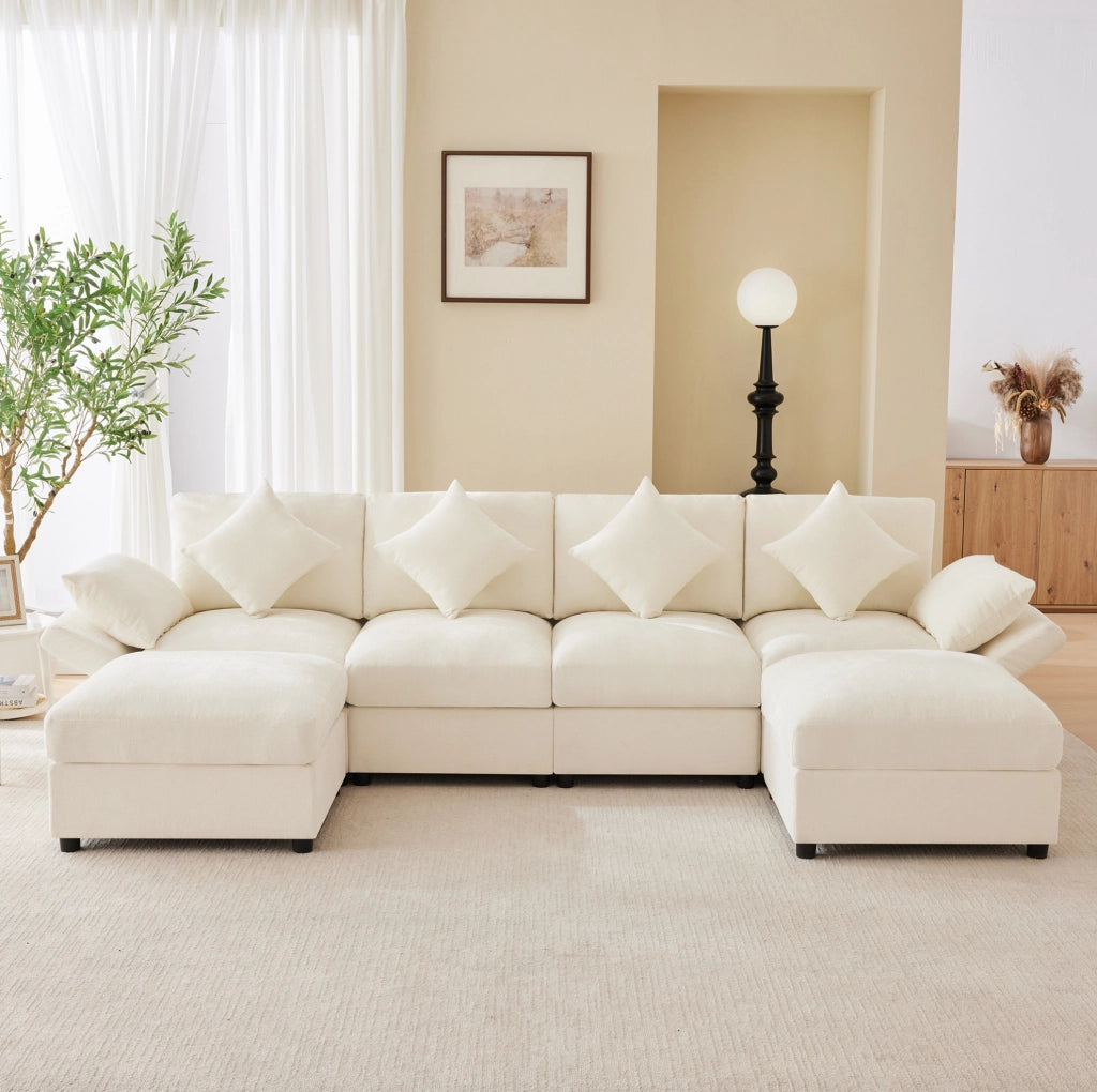 Divano modulare angolare in chenille beige con 2 pouf; braccioli regolabili e 6 cuscini; 284x156;5x86 cm