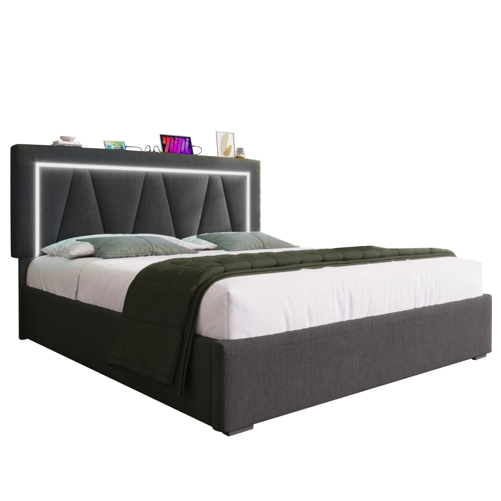Letto Contenitore Imbottito LED ¨C MINIMAL ¨C 140x200, Tessuto, USB, Rete a Doghe