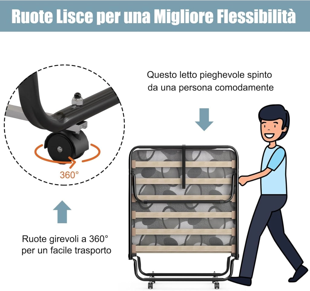 Brandina Pieghevole con Materasso, in Memory Foam, Struttura Resistente e 4 Ruote Girevoli, Lettino Pieghevole per Casa Ufficio, 190x80x33 cm (Grigio)