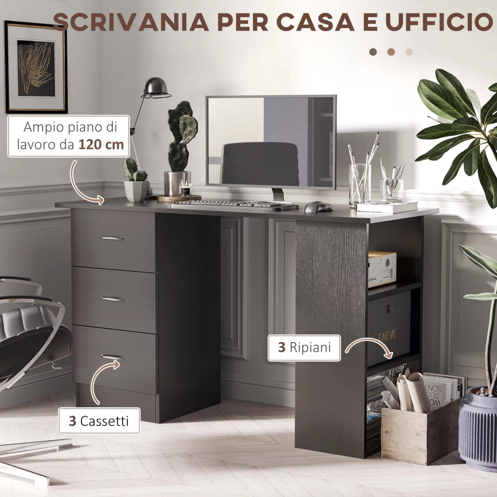 Scrivania PC con 3 Ripiani e 3 Cassetti per Camera e Ufficio. in Legno MDF. 120x49x72 cm. Nera