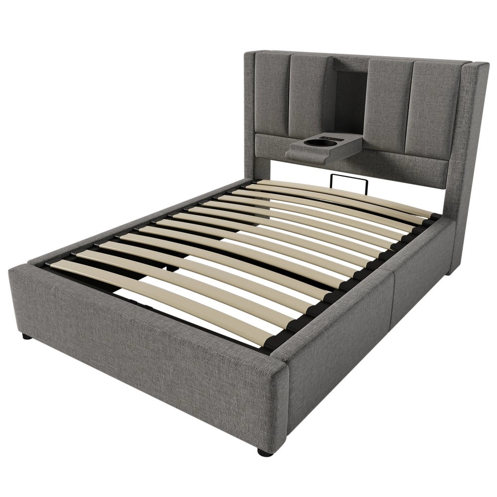 Letto Contenitore Imbottito Singolo 90x200 ¨C MINIMAL ¨C Tessuto Grigio, Idraulico, Rete a Doghe