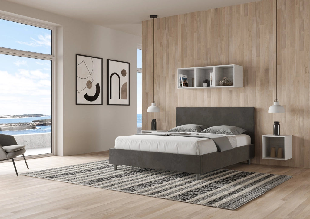 BS COM Letto matrimoniale contenitore imbottito 160x210 microfibra grigio
