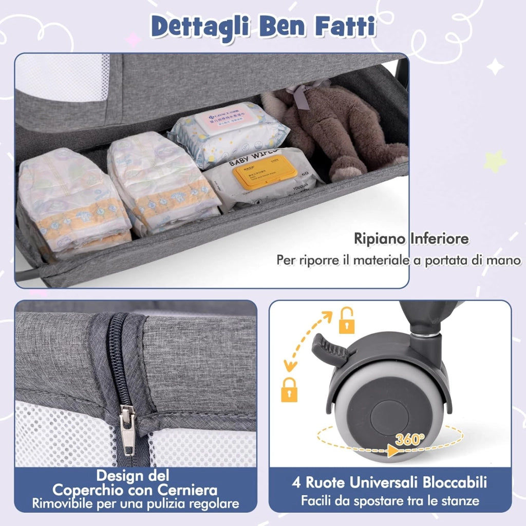 Culla Neonato con Matterasso, Culla Next to Me Piechevole con Altezza Regolabile a 6 Livelli, Lettino Bambino con Mensola Portaoggetti, Borsa da Trasporto, per Bambini 0-6 Mesi (Grigio Scuro)