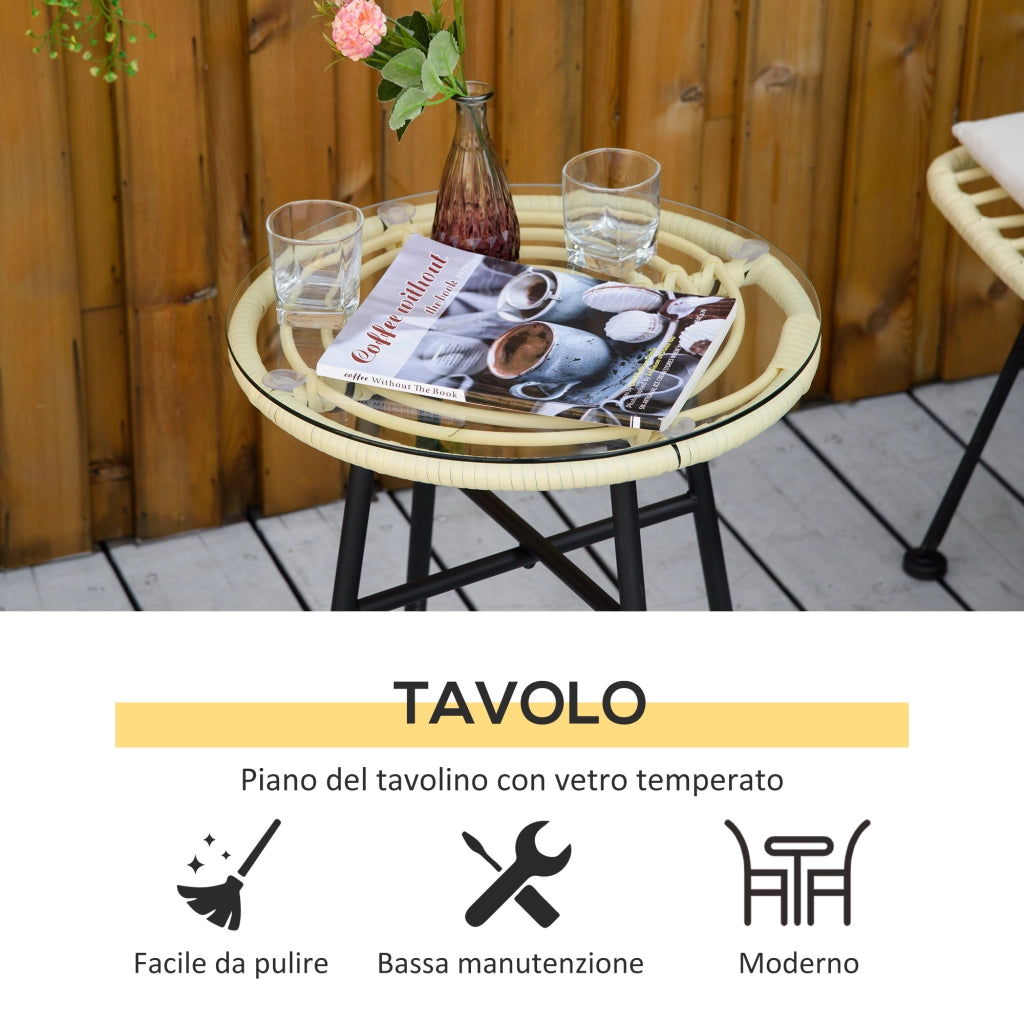 Set Bistr¨° da Giardino 3 Pezzi ¨C Xylo ¨C Rattan PE Tavolino Vetro 2 Sedie Crema Esterno