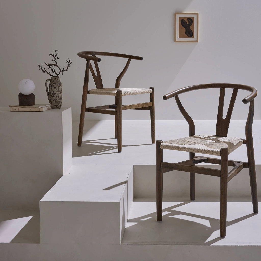 Set 2 sede in legno con seduta in corda, marrone