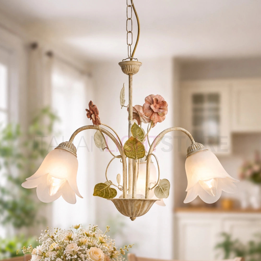 SPRING Lampadario in Ferro Decorato a 3 Luci Stile Floreale