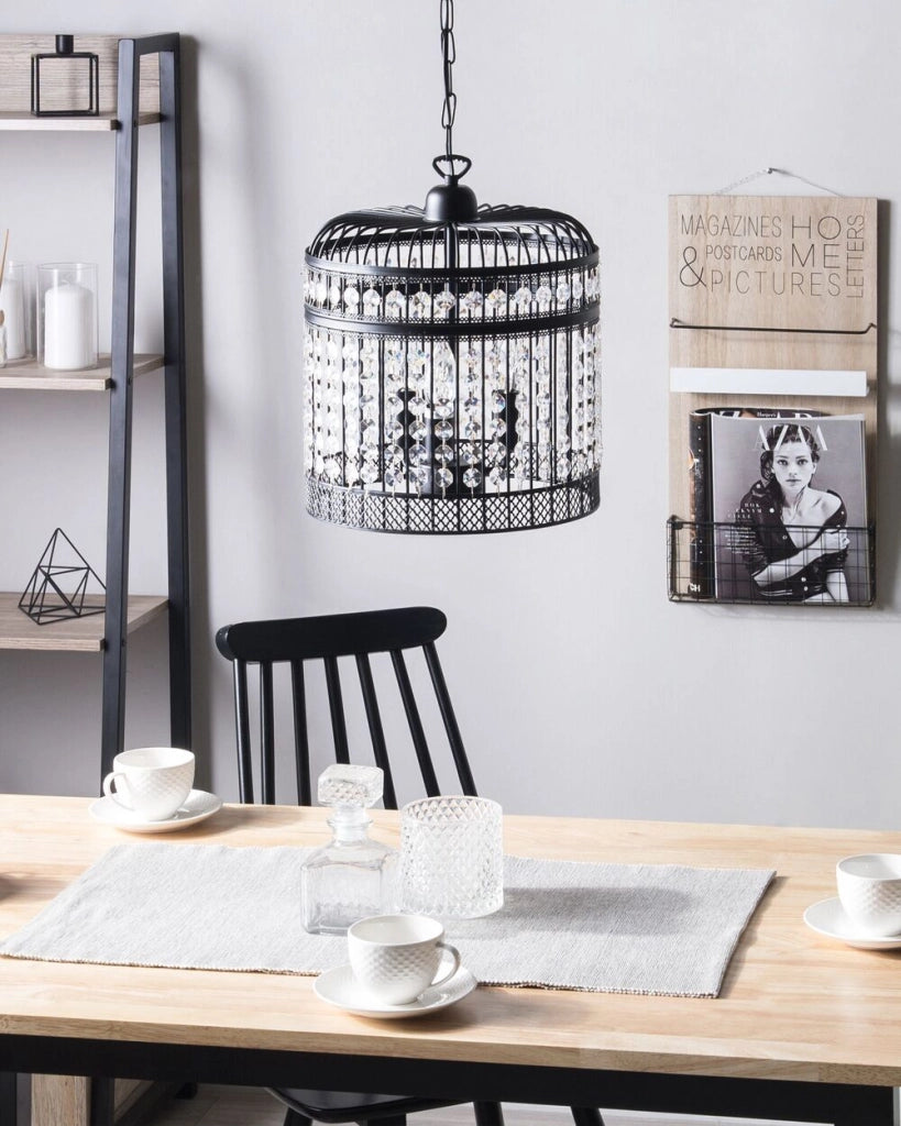 Lampada a Sospensione a Soffitto Gabbia in Metallo Nero Paralume Aperta Finti Cristalli Vintage Glamour
