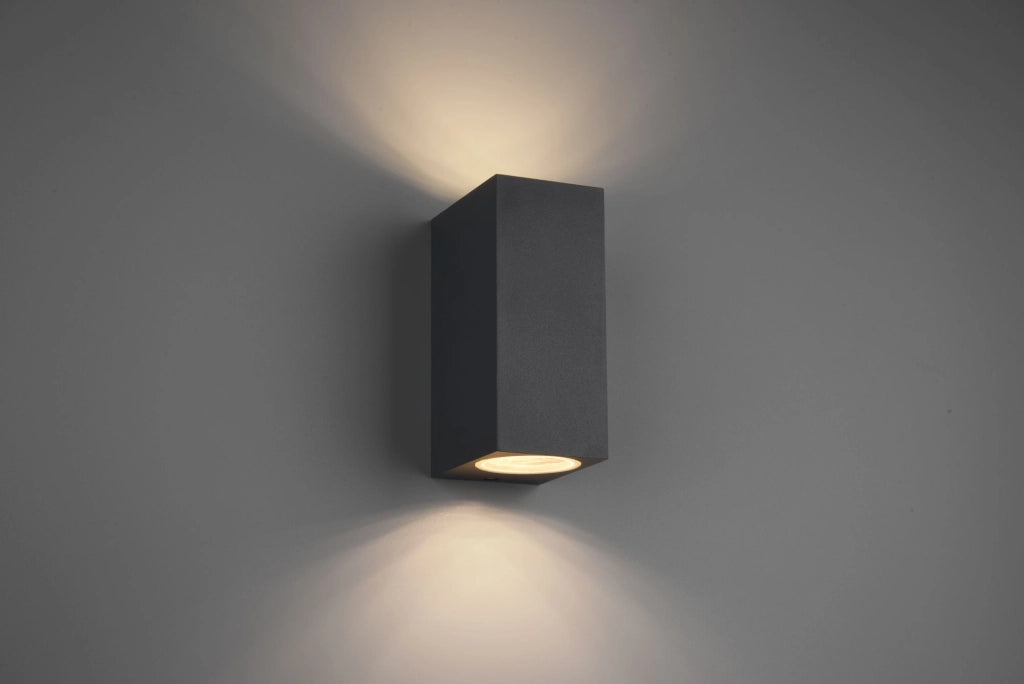 ROYA APPLIQUE DA ESTERNO FUSIONE ALLUMINIO SQUADRATA ANTRACITE A BI-EMISSIONE IP44 H.15CM 2 LUCI ATTACCO GU10