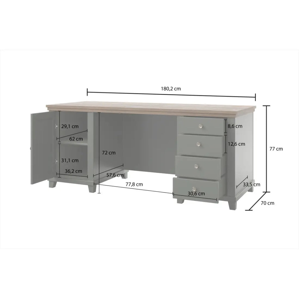 Set ufficio ASSIA verde scuro e legno – Scrivania 180 cm + libreria + vetrina 2 porte in vetro
