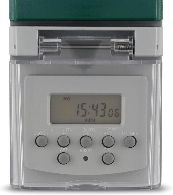 Timer esterno digitale con conto alla rovescia e funzione casuale - grigio-verde - IP44 con protezione per bambini