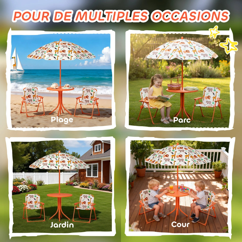 Set da giardino per bambini con tavolo e 2 sedie pieghevoli e ombrellone ¨C Minimal ¨C arancione, ? 100 cm, motivo animali
