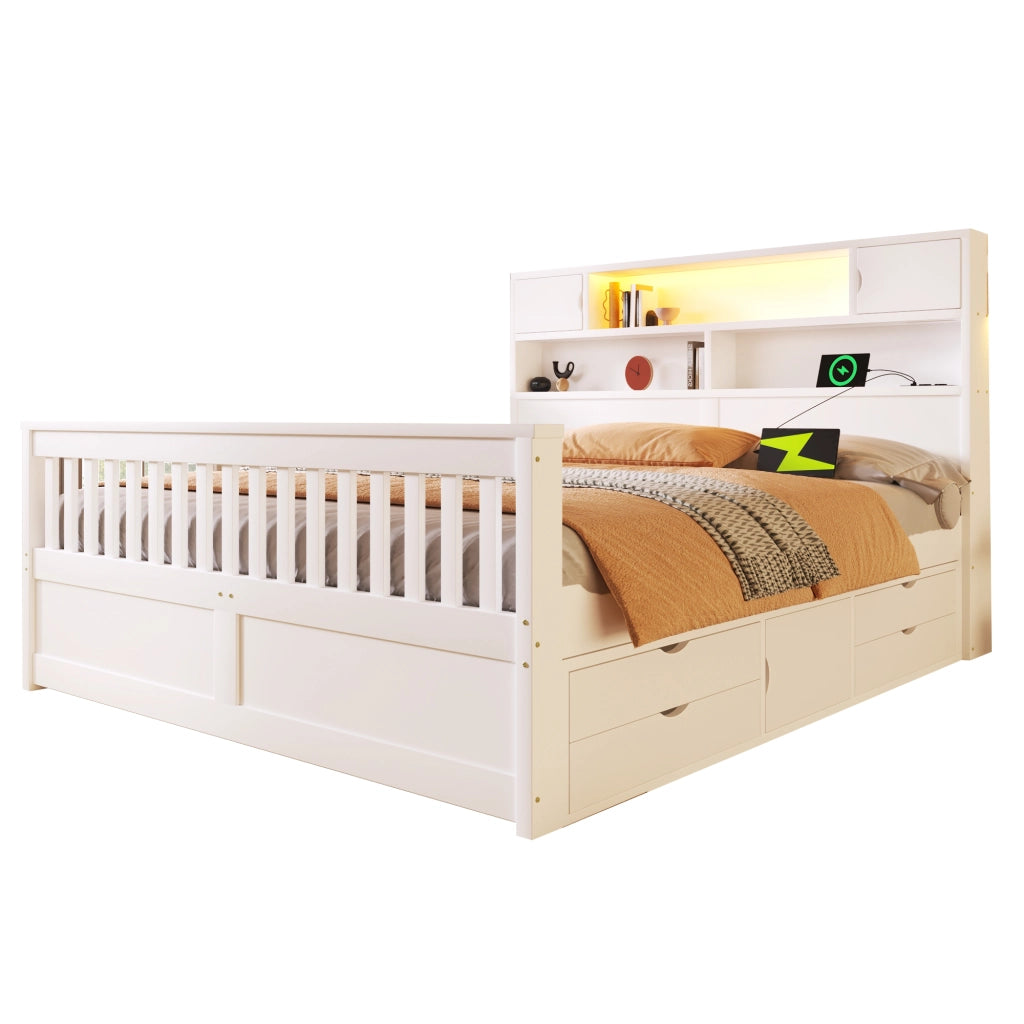 Letto a piattaforma con ripiani e cassetti - Zephmum- 160x200 cm, LED, USB, bianco