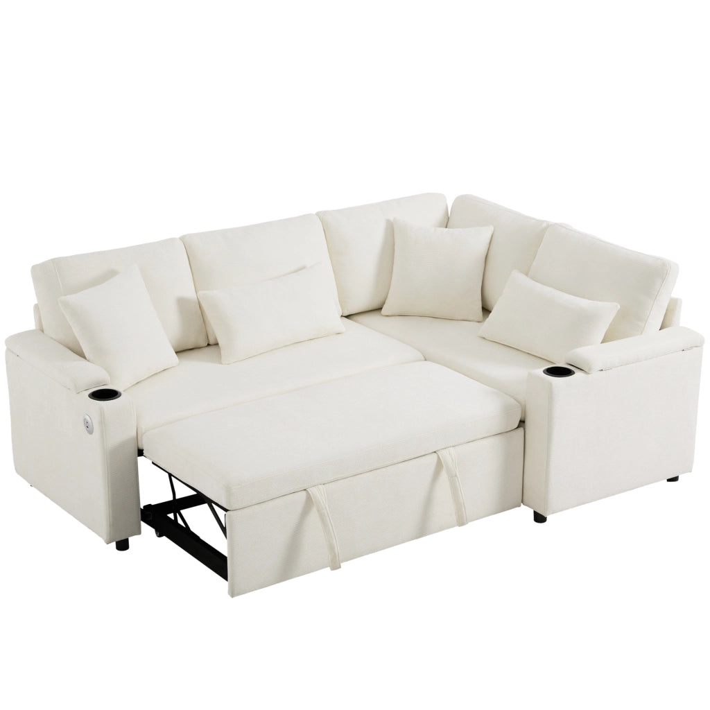 Divano angolare convertibile con contenitore portabicchieri USB e 4 cuscini in chenille beige 206,5 × 141 × 86 cm