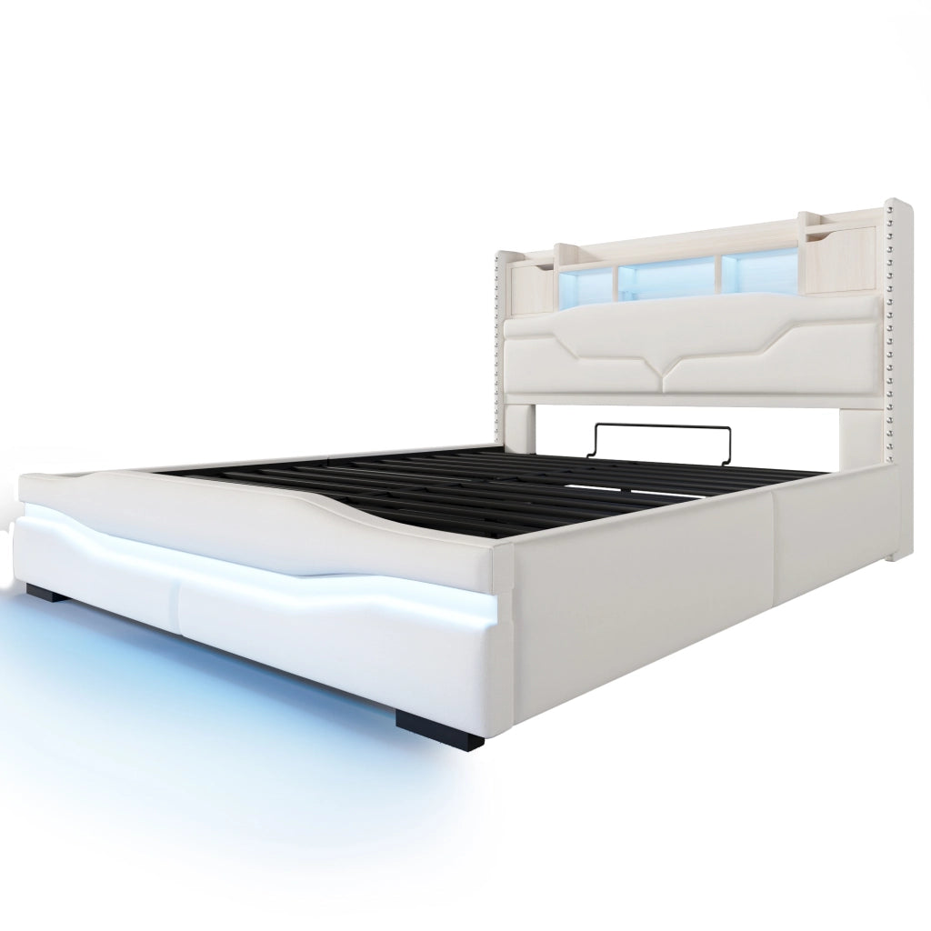 Letto Imbottito Contenitore con LED e USB ¨C MINIMAL ¨C 160x200, Beige, Idraulico