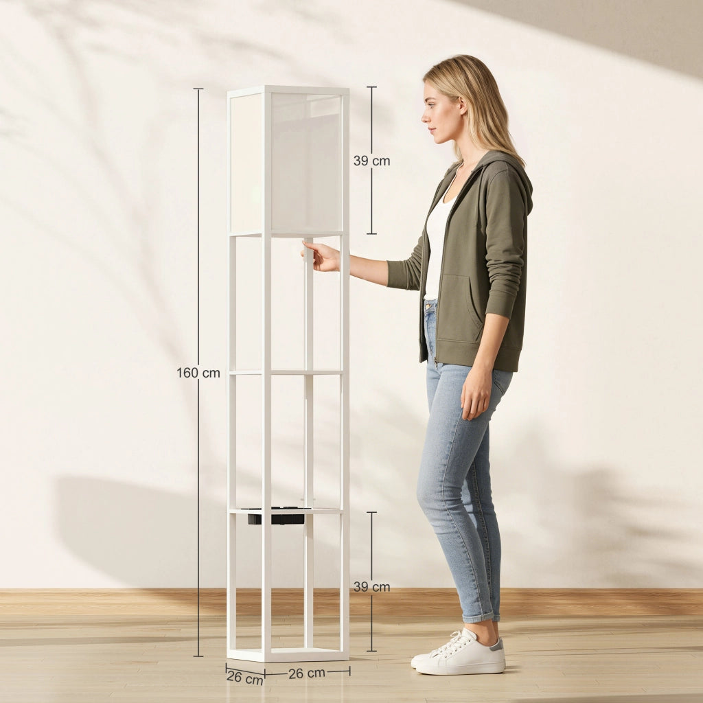 Lampada da Terra con Ripiani, Luce Regolabile, Interruttore a Pedale e Porte USB, Bianco