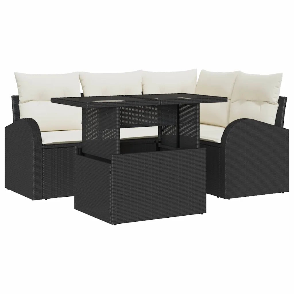 Set Divano da Giardino con cuscino 5 pcs Nero Poly Rattan
