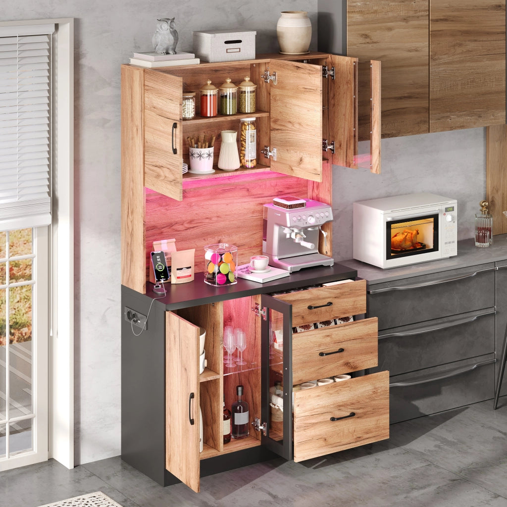 Pensile da Cucina con LED e Ripiani Regolabili ¨C Xylo ¨C Nero e Legno 105x40x180 cm