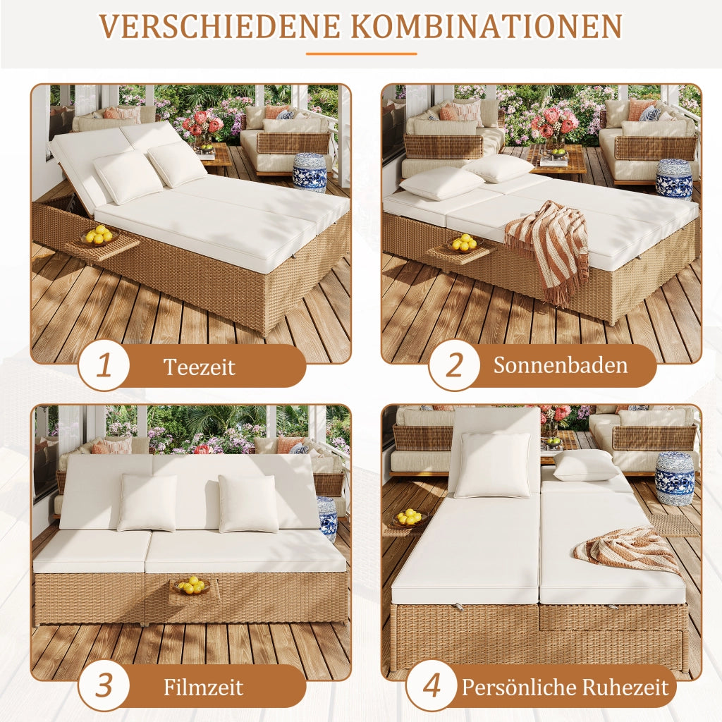 Chaise longue de jardin ext¨¦rieure double lit chaise longue en rotin ext¨¦rieure canap¨¦ en rotin pouvant servir de mobilier de jardin d¡¯ext¨¦rieur adapt¨¦ aux salons balcons et jardins r¨¦sistant aux intemp¨¦ries pliable avec coussins blanc