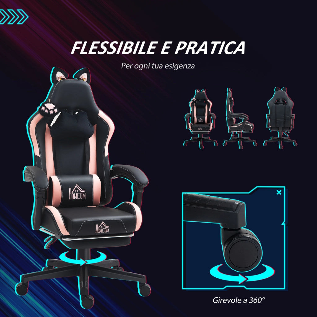 Sedia Gaming Reclinabile con Poggiapiedi ¨C Xylo ¨C Finta Pelle Rosa e Nero 65x62x116-124 cm