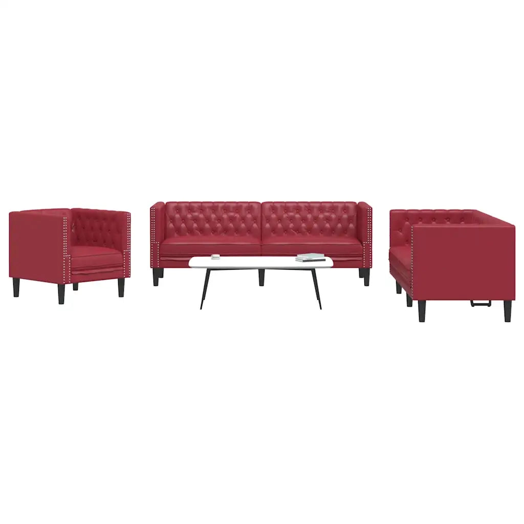 Sei Divani Chesterfield 3 pz Rosso Vino in Similpelle 3209271