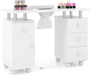 COSTWAY Tavolo Manicure con Aspirapolvere, Tavolo Unghie con Cassetti, Spina, 3 Sacchetti, Armadietto, Cuscino Poggia Polso e 8 Ruote blocabili, Banco Ricostruzione Unghie in Legno (Bianco)