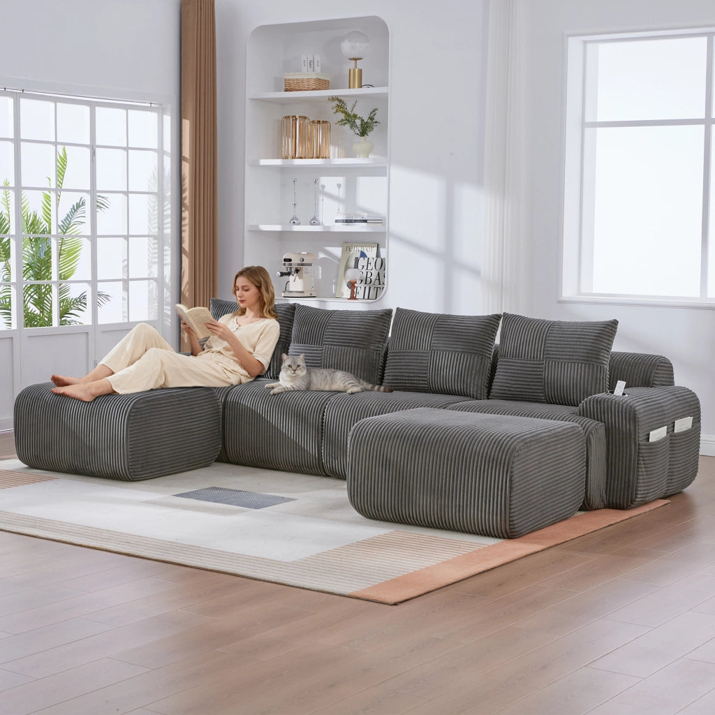 Divano modulare 4 posti con portabicchiere e tasca laterale; in corduroy grigio scuro