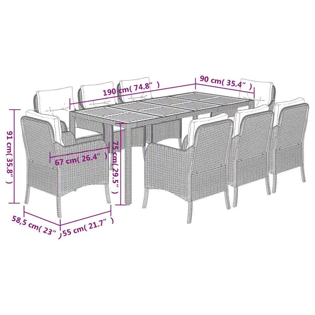 Set da Pranzo da Giardino 9 pz con Cuscini Nero in Polyrattan 3211865