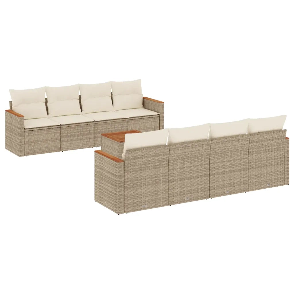 Set Divano da Giardino 9 pz con Cuscini Beige in Polyrattan