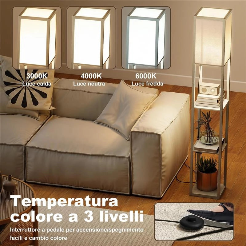 LAMPADA DA TERRA CON RIPIANI, LUCE REGOLABILE, INTERRUTTORE A PEDALE E PORTE USB, BIANCO E ROVERE