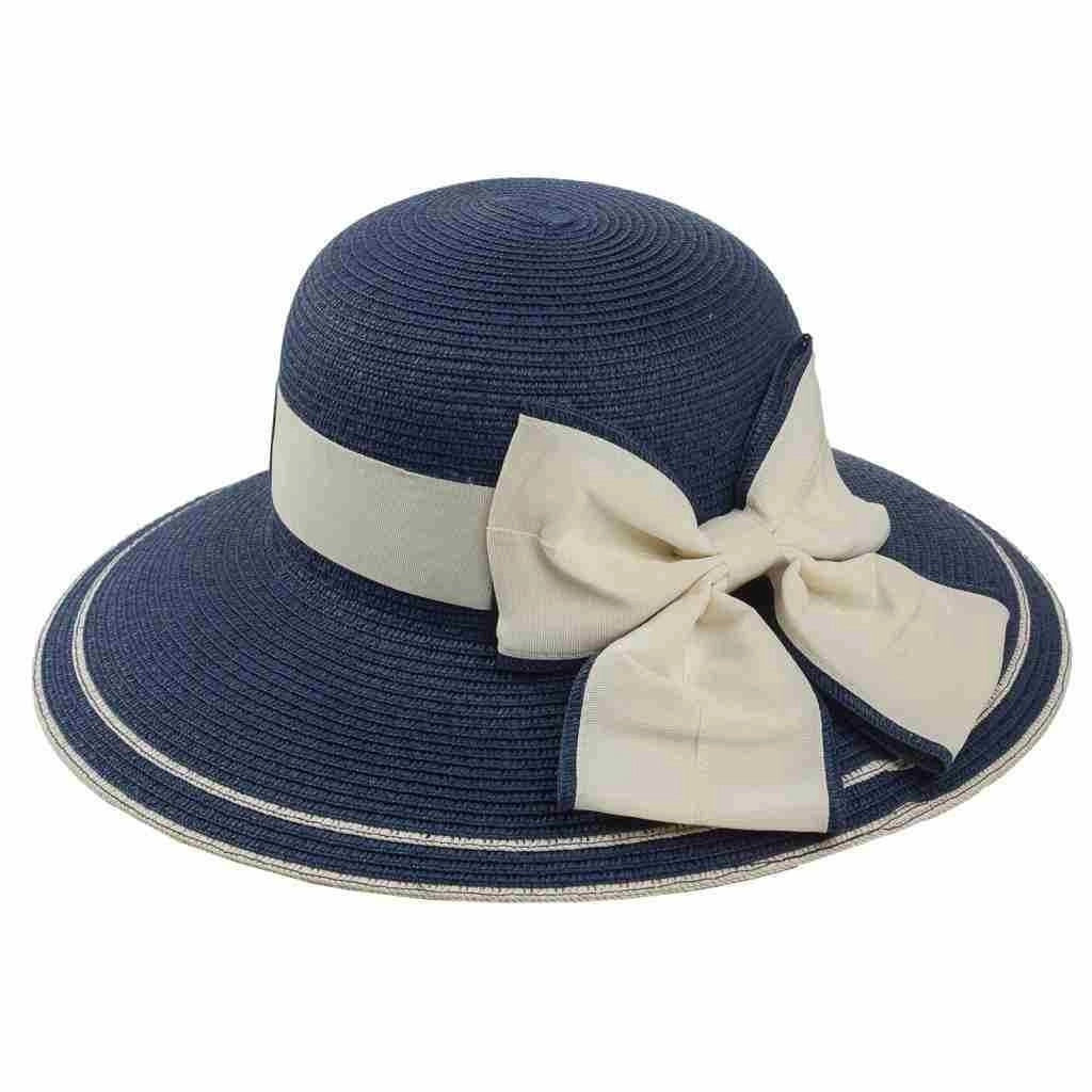 Cappello blu a tesa larga con fiocco 58
