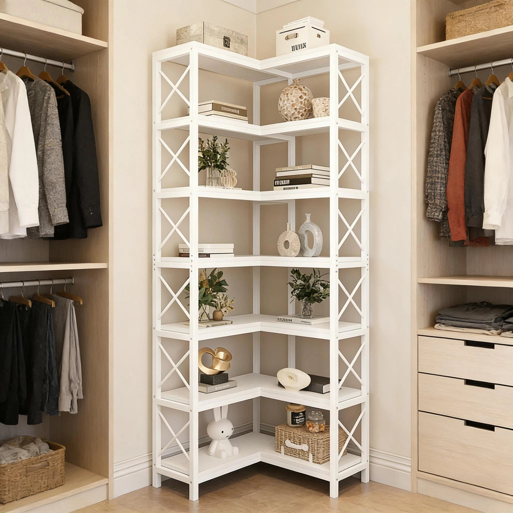 LIBRERIA ANGOLARE 117x29x30 cm Bianca in metallo e legno 7 ripiani
