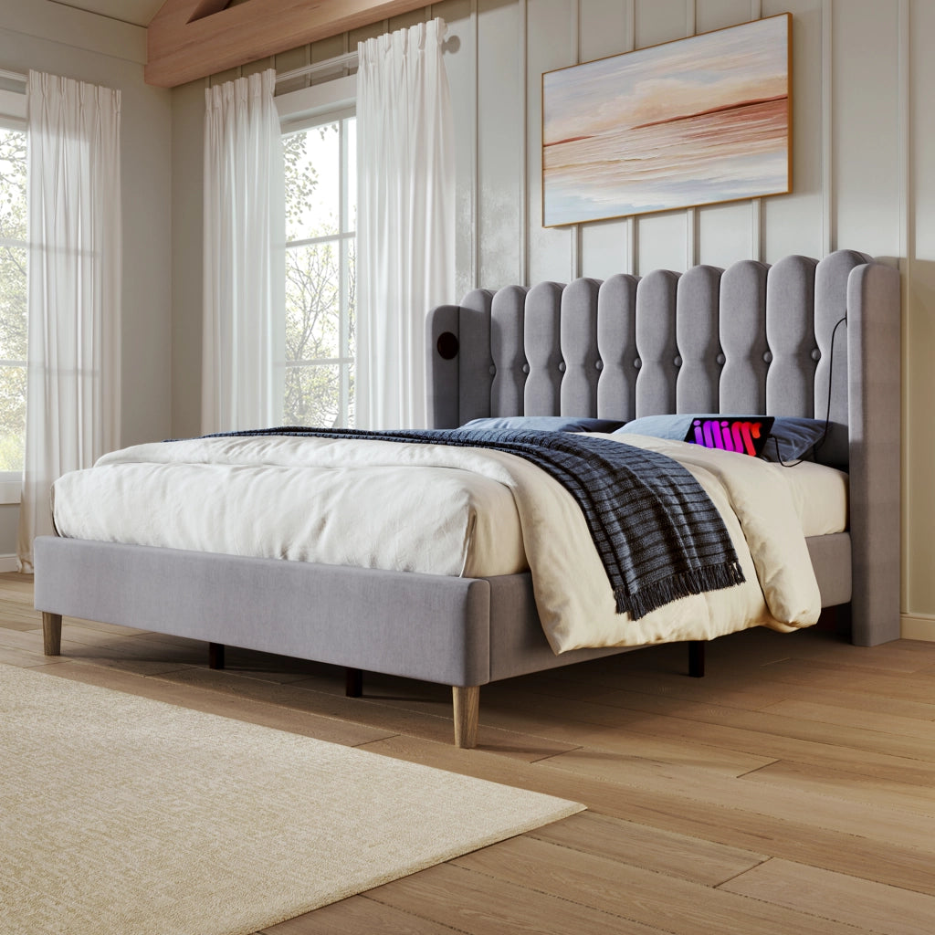 DESMIU Letto Matrimoniale 140 × 200 cm 2 posti con USB e Type-C, con materasso, in lino, grigio