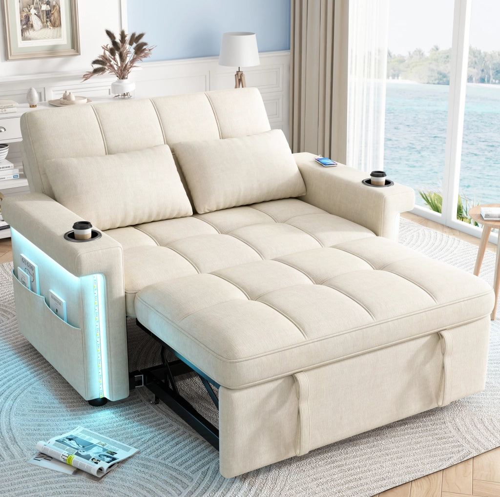 Sofa letto a 2 posti modulare 145 cm in chenille beige con LED; USB e Type-C
