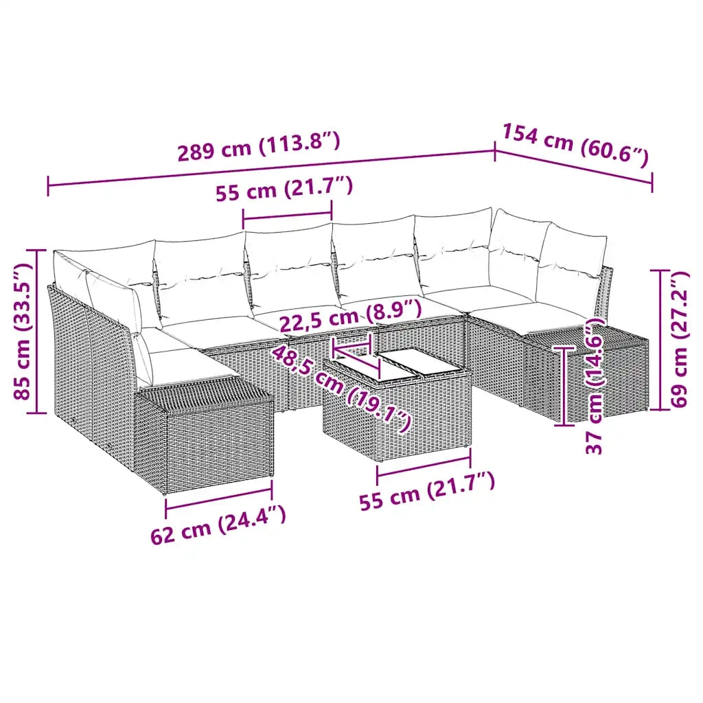Set Divano da Giardino con cuscino 8 pcs Nero polyrattan 3346983