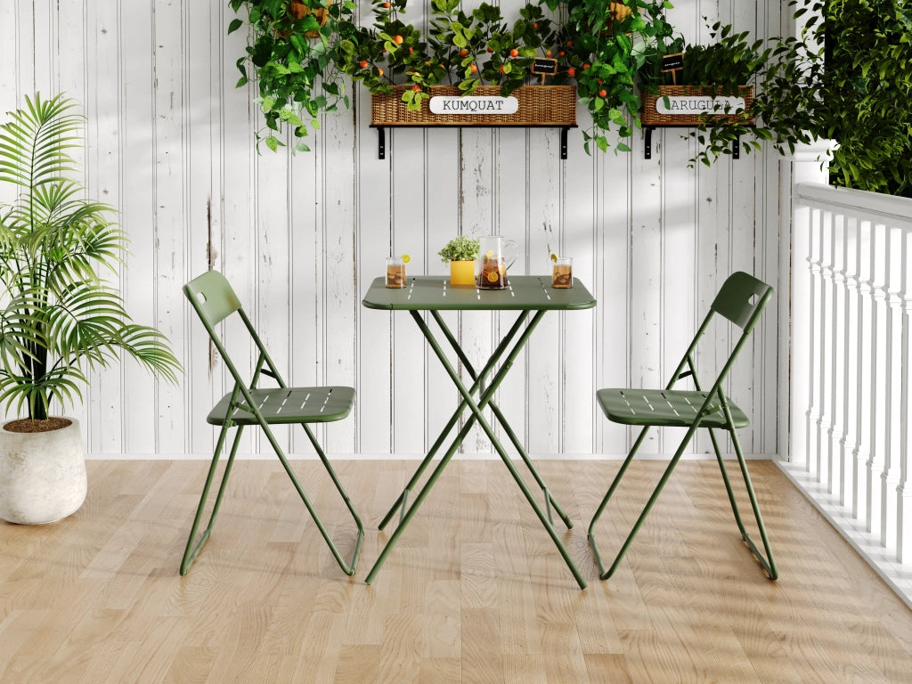 OKWISHSet Bistro da Giardino Pieghevole 3 Pezzi con 2 Sedie e Tavolo, Salvaspazio, Acciaio Verde 60 × 60 × 73 cm