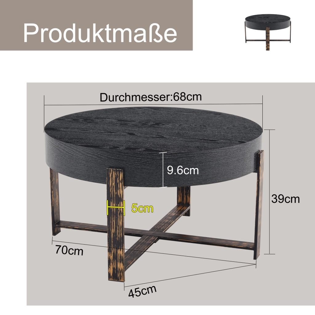 TAVOLINO ROTONDO DA SALOTTO 68 cm Nero in MDF e Metallo