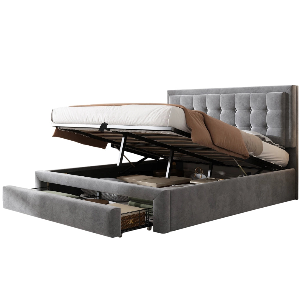 Letto contenitore – 140x200 cm – cassetti rete – velluto grigio