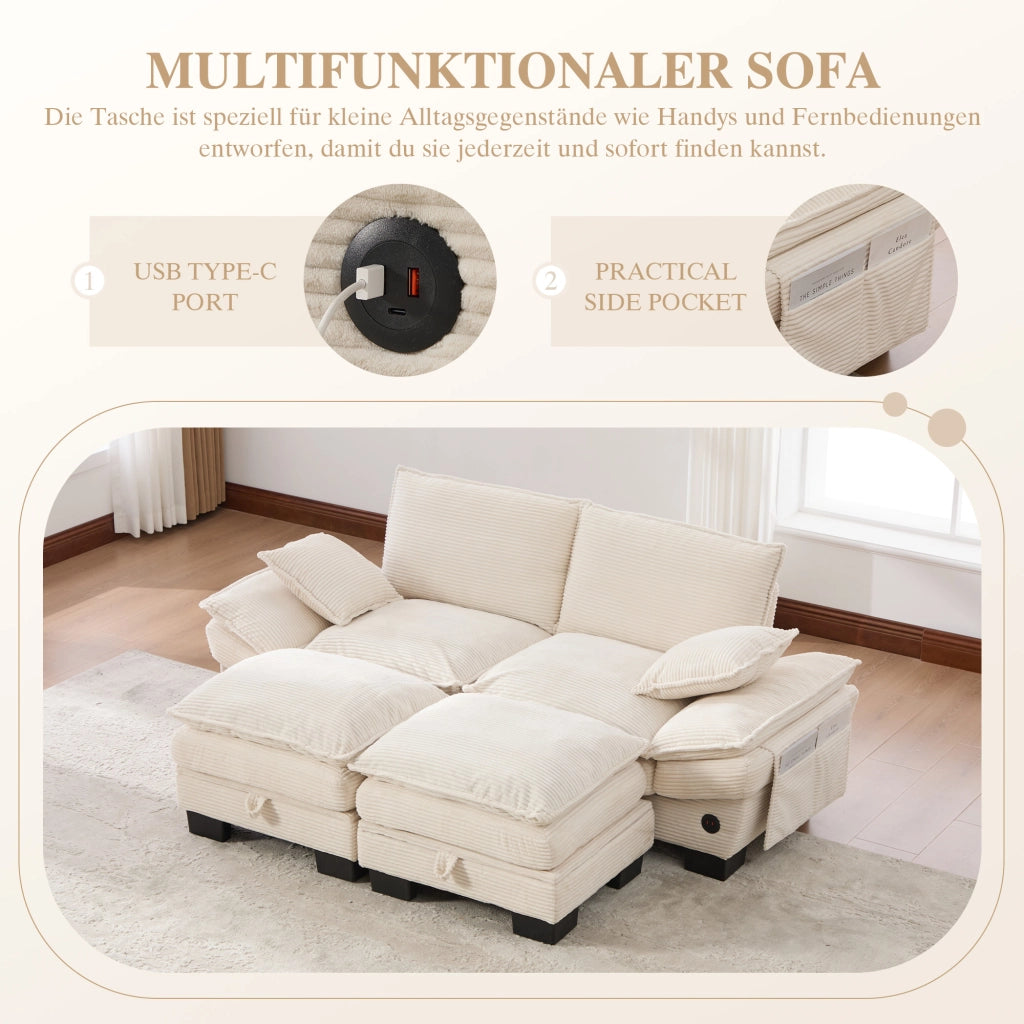 DIVANO 2 posti modulare 190x132x84 cm in corduroy beige, Set da 3 pezzi