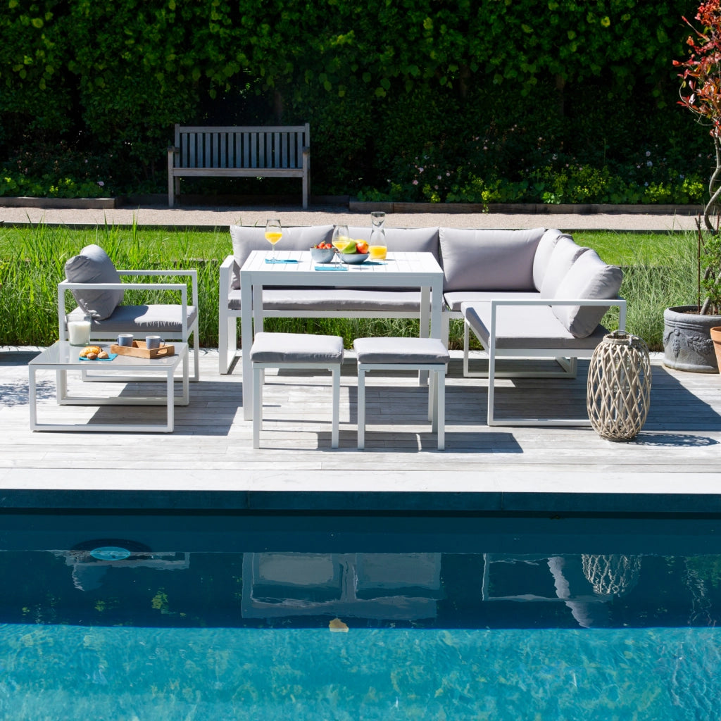 Set di mobili da giardino modulari IBIZA in tessuto grigio per 7 persone - alluminio bianco
