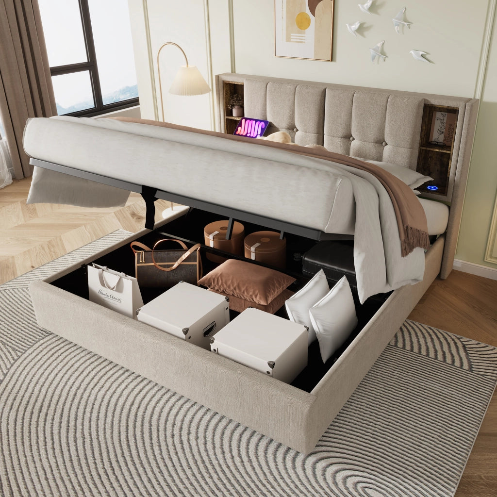 Letto Contenitore Matrimoniale 180x200 cm; USB e Type-C; Ricarica Wireless - Lino